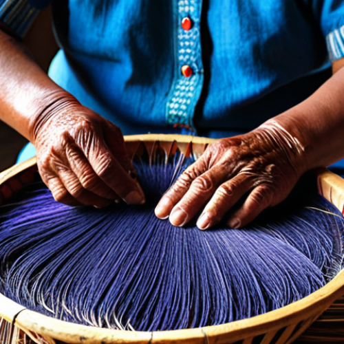 A seasoned artisan, fully clothed in modest, traditional attire, meticulously weaving intricate patterns from dried palm fibers and vibrant, naturally dyed threads on a traditional wooden loom. The composition focuses on their skilled, weathered hands and the evolving textile. The setting is a sunlit, rustic workshop in a Mexican village, with baskets of natural fibers, pots of rich cochineal and indigo dyes, and handmade tools visible in the background. Professional photography, natural light, shallow depth of field, rich textures, authentic cultural representation, perfect anatomy, correct proportions, natural pose, well-formed hands, proper finger count, natural body proportions, safe for work, appropriate content, fully clothed, professional, family-friendly.