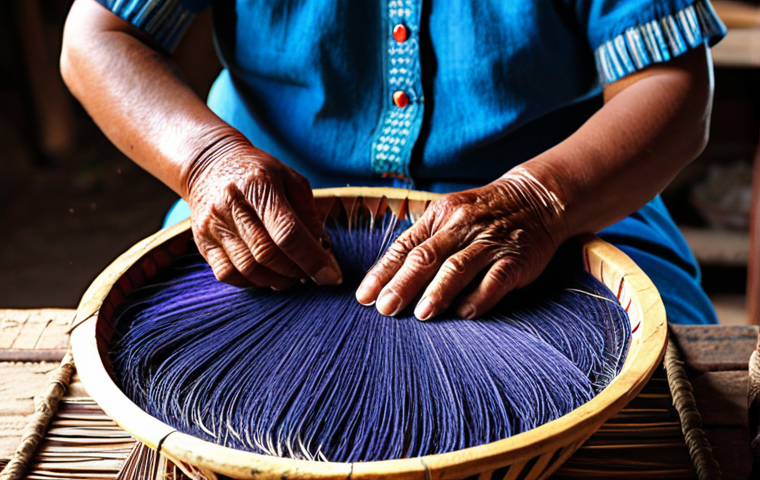 A seasoned artisan, fully clothed in modest, traditional attire, meticulously weaving intricate patterns from dried palm fibers and vibrant, naturally dyed threads on a traditional wooden loom. The composition focuses on their skilled, weathered hands and the evolving textile. The setting is a sunlit, rustic workshop in a Mexican village, with baskets of natural fibers, pots of rich cochineal and indigo dyes, and handmade tools visible in the background. Professional photography, natural light, shallow depth of field, rich textures, authentic cultural representation, perfect anatomy, correct proportions, natural pose, well-formed hands, proper finger count, natural body proportions, safe for work, appropriate content, fully clothed, professional, family-friendly.