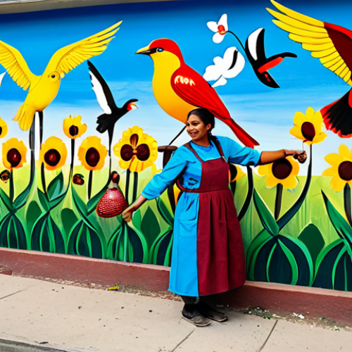 A professional artist, fully clothed in appropriate, modest work attire, standing in front of a large, vibrant mural she is painting on an urban wall. The mural vividly depicts diverse local flora and fauna, such as colorful birds, lush trees, and native flowers, celebrating biodiversity and the importance of nature protection. Several community members, also fully clothed in professional, appropriate dress, are observing the artistic process with genuine interest and admiration. The scene is set outdoors in bright, natural daylight, conveying a strong sense of community engagement and environmental awareness. Perfect anatomy, natural pose, well-formed hands, correct proportions, natural body proportions. High-quality professional photography, safe for work, appropriate content, family-friendly.