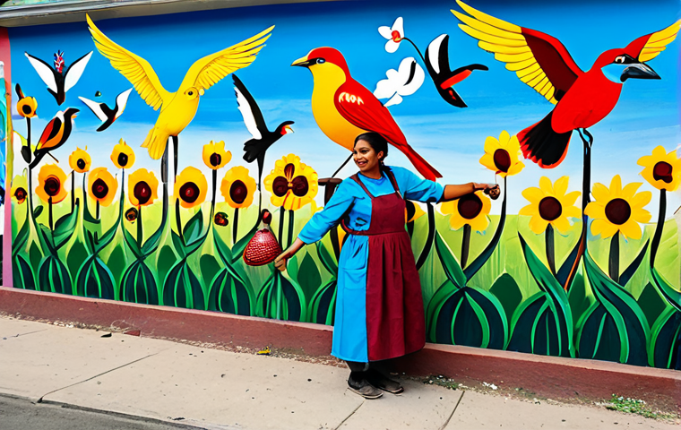 A professional artist, fully clothed in appropriate, modest work attire, standing in front of a large, vibrant mural she is painting on an urban wall. The mural vividly depicts diverse local flora and fauna, such as colorful birds, lush trees, and native flowers, celebrating biodiversity and the importance of nature protection. Several community members, also fully clothed in professional, appropriate dress, are observing the artistic process with genuine interest and admiration. The scene is set outdoors in bright, natural daylight, conveying a strong sense of community engagement and environmental awareness. Perfect anatomy, natural pose, well-formed hands, correct proportions, natural body proportions. High-quality professional photography, safe for work, appropriate content, family-friendly.