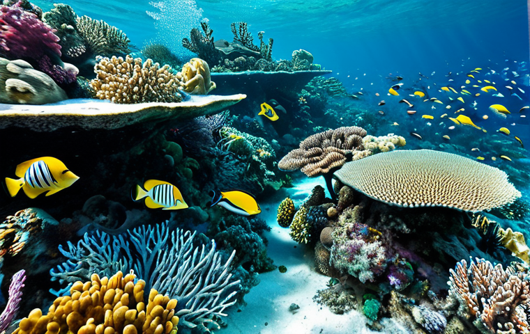 Environmental Photography**
"A stunning photograph of a vibrant coral reef teeming with marine life, crystal clear turquoise water, professional underwater photography, safe for work, appropriate content, fully clothed (no people present), perfect anatomy (of marine life), natural proportions, high quality, professional, family-friendly."
**