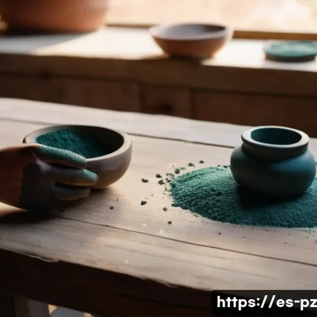자연의 색과 질감을 활용한 미술 - **Prompt:** A hyperrealistic, close-up shot of an artist's clean hands in a sun-drenched, rustic stu...