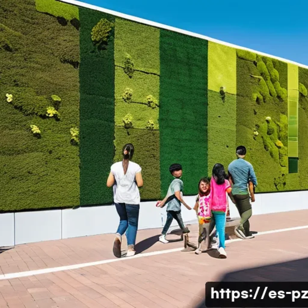 도시의 녹지 공간을 활용한 아트 프로젝트 - A vibrant urban park scene featuring a large living mural composed of moss, various green plants, an...
