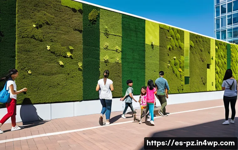 도시의 녹지 공간을 활용한 아트 프로젝트 - A vibrant urban park scene featuring a large living mural composed of moss, various green plants, an...