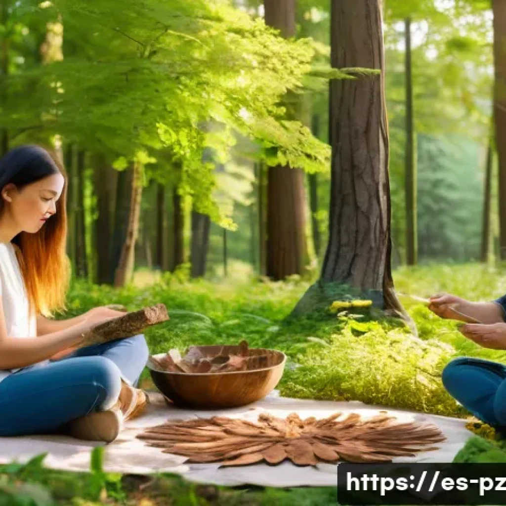 자연 감각을 자극하는 미술 프로젝트 - A serene outdoor art workshop scene in a lush park during early autumn, featuring diverse people gen...