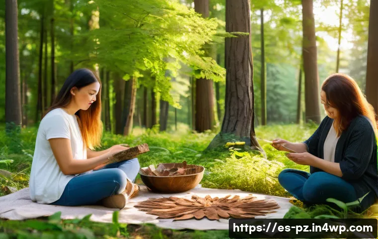 자연 감각을 자극하는 미술 프로젝트 - A serene outdoor art workshop scene in a lush park during early autumn, featuring diverse people gen...