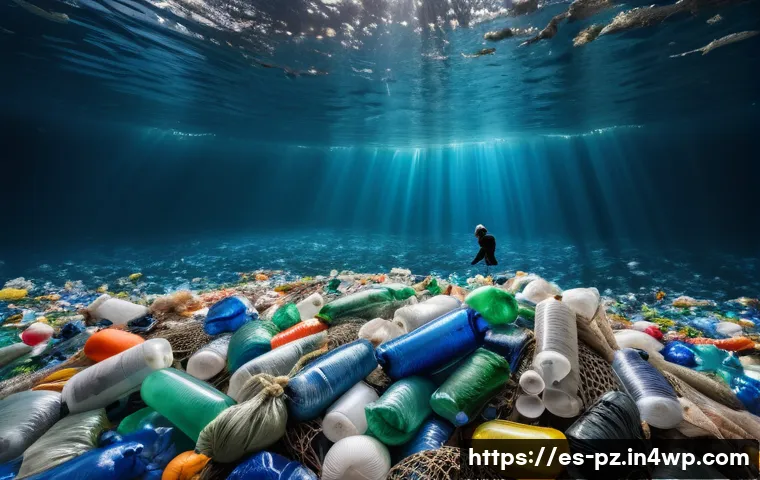 환경 보호 메시지를 담은 아트워크 - A large-scale environmental art installation depicting a polluted ocean filled with floating plastic...