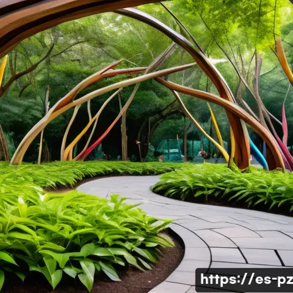 인간과 자연의 관계를 탐구하는 미술 - A serene outdoor art installation in a lush urban park in Latin America, featuring intertwined woode...
