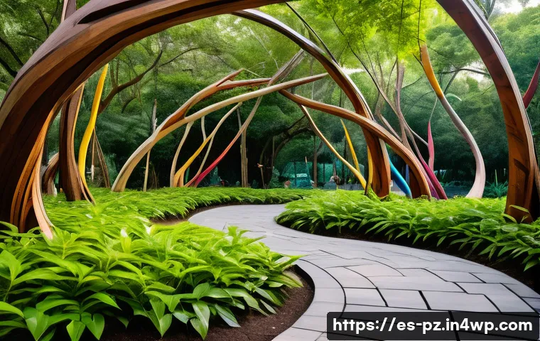 인간과 자연의 관계를 탐구하는 미술 - A serene outdoor art installation in a lush urban park in Latin America, featuring intertwined woode...