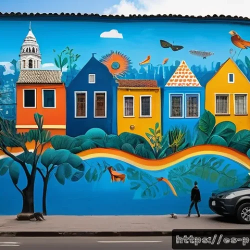 Home 30 지역 생태계 보호를 위한 미술 활동 - A vibrant urban mural in a Buenos Aires neighborhood, depicting diverse local wildlife and lush nati...