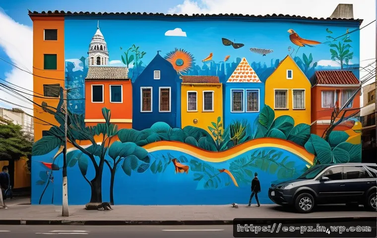 지역 생태계 보호를 위한 미술 활동 - A vibrant urban mural in a Buenos Aires neighborhood, depicting diverse local wildlife and lush nati...
