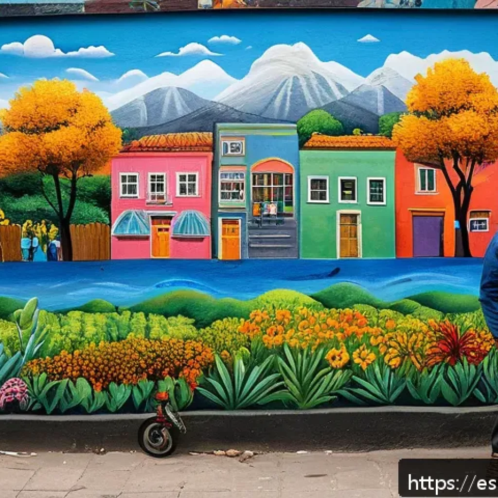 미술을 통한 지속 가능한 개발 교육 - A vibrant community mural in a Latin American urban neighborhood, depicting local biodiversity with ...