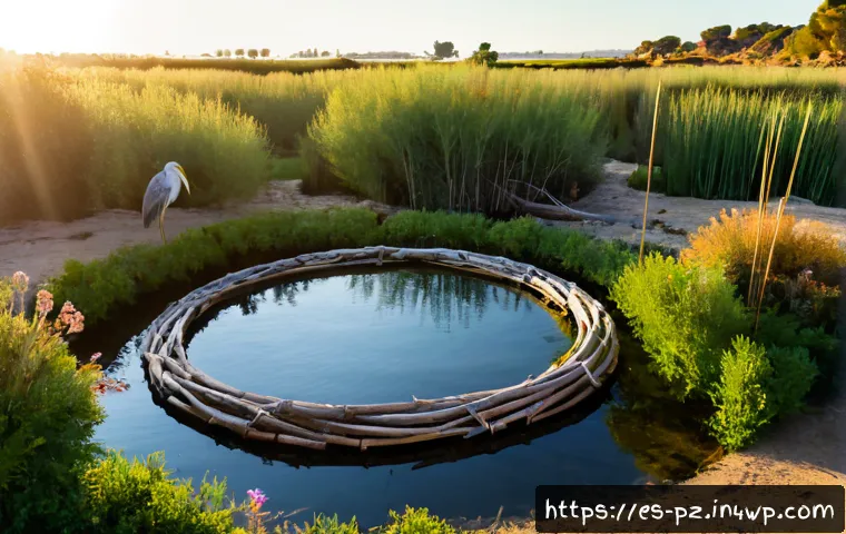 지역 생태계와의 연결성을 강조하는 예술 - Photorealistic environmental art installation in a sunlit Spanish Mediterranean wetland, a local art...